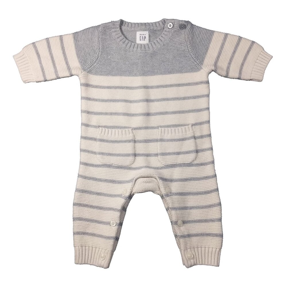 baby GAP Cream And Gray Striped Cozy Knit Winter Romper Onesie US 0-3M